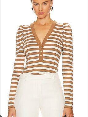 Veronica Beard Dekalb Camel Stripe Tee Puff Sleeve Elegant woman’s casual M
